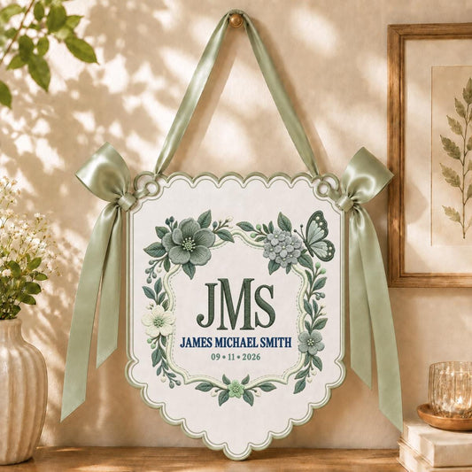 Personalized Monogram Scalloped Banner, Custom Name James Michael Embroidered Sage Green Bows Butterfly Nursery Sign Decor