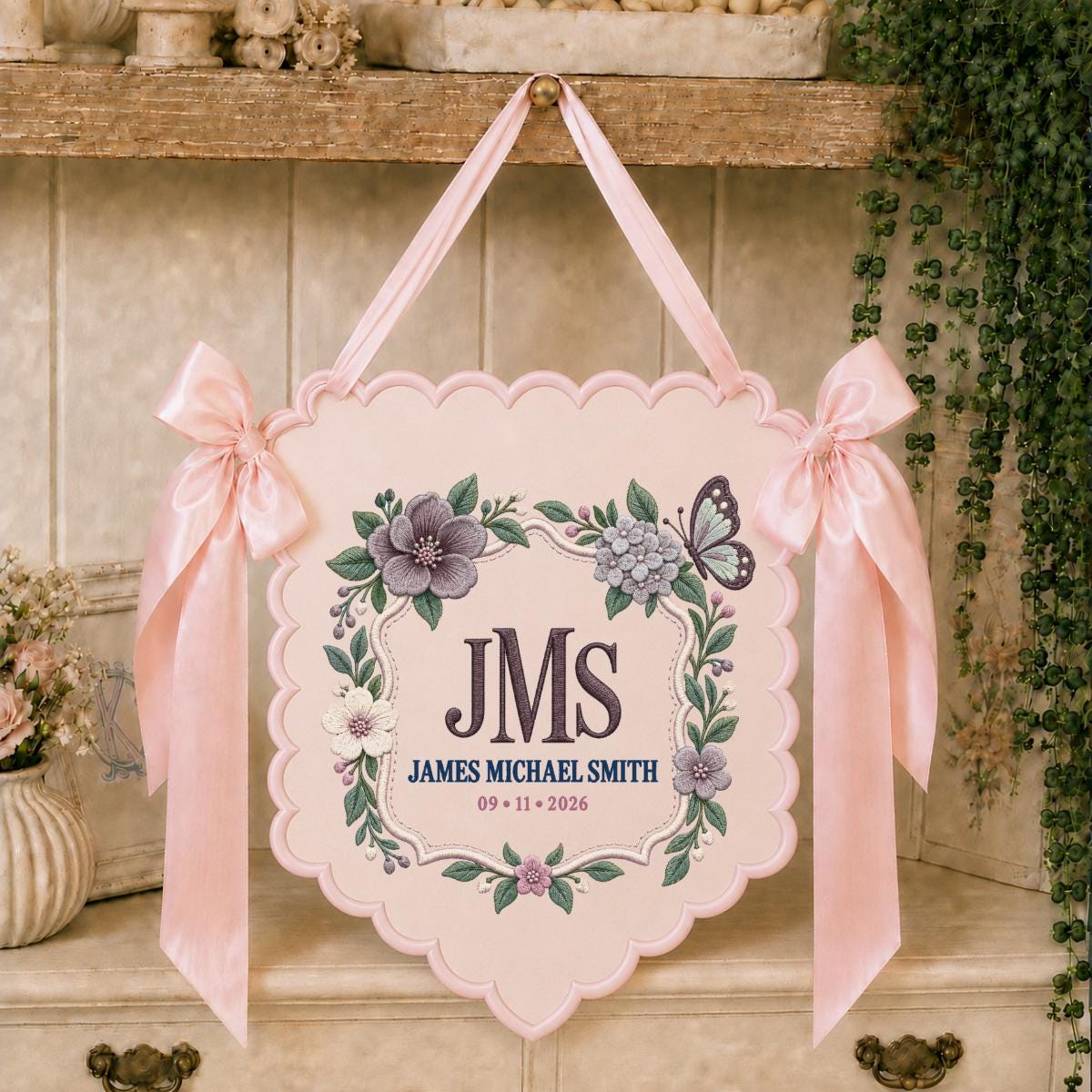 Personalized Monogram Scalloped Banner, Custom Name James Michael Embroidered Sage Green Bows Butterfly Nursery Sign Decor
