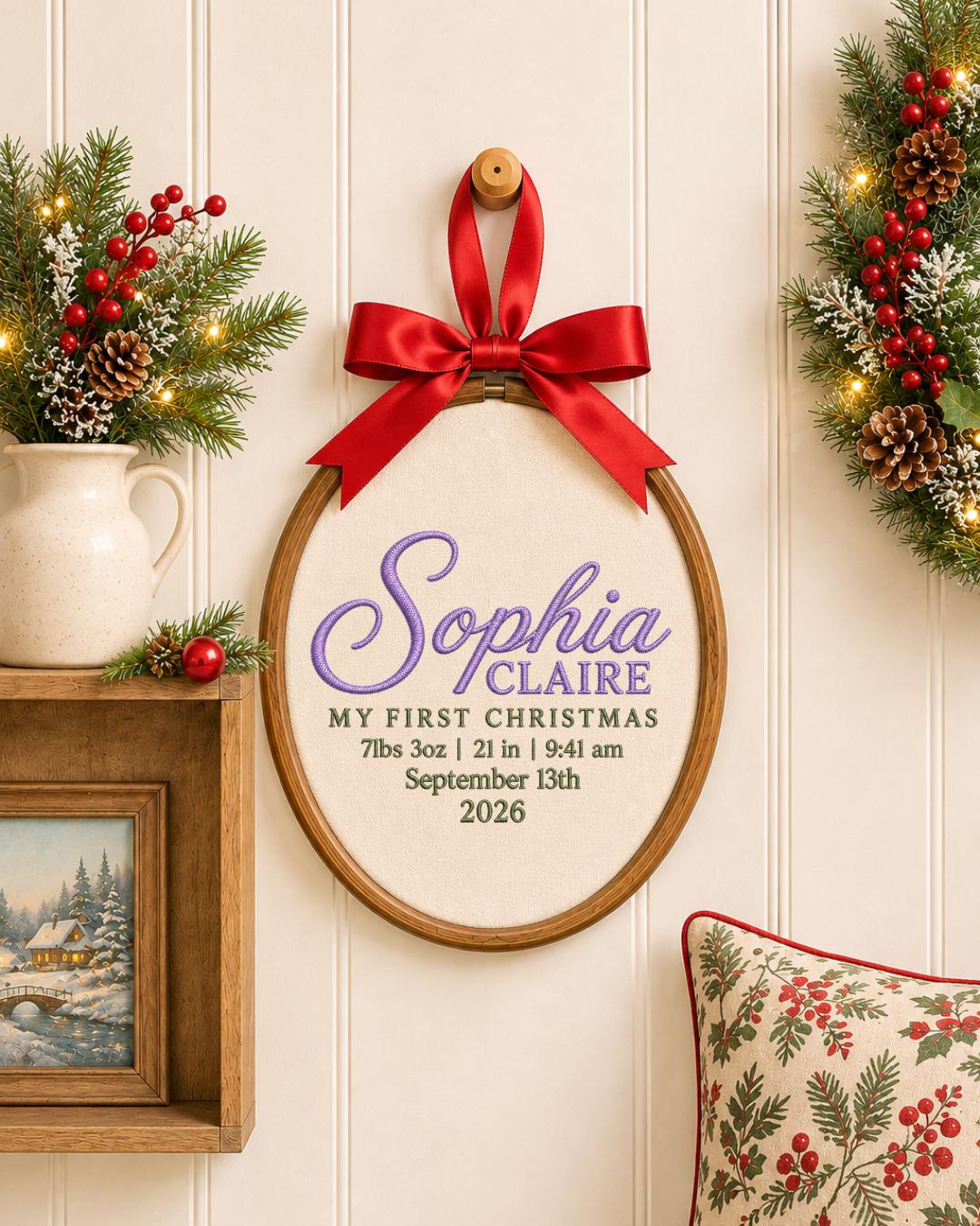 Personalized Baby First Christmas Embroidered Ornament, Custom Birth Stats Name Hoop, Newborn Christmas Keepsake, Baby Girl Gift