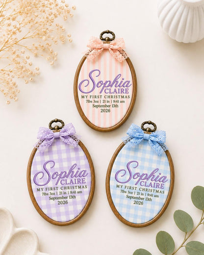 Personalized Baby First Christmas Embroidered Ornament, Custom Birth Stats Name Hoop, Newborn Christmas Keepsake, Baby Girl Gift