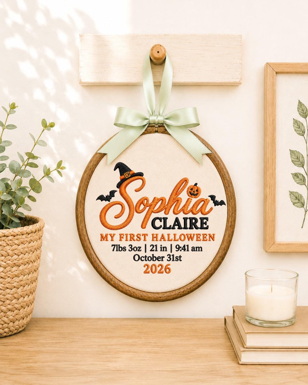Personalized First Halloween Embroidered Ornament, Custom Baby Birth Stats Hoop, Baby Girl Halloween Gift, Pumpkin Keepsake