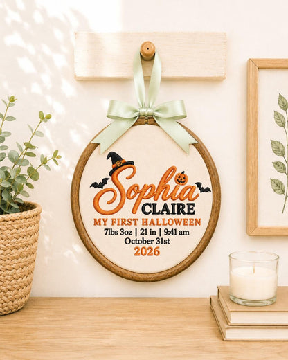 Personalized First Halloween Embroidered Ornament, Custom Baby Birth Stats Hoop, Baby Girl Halloween Gift, Pumpkin Keepsake