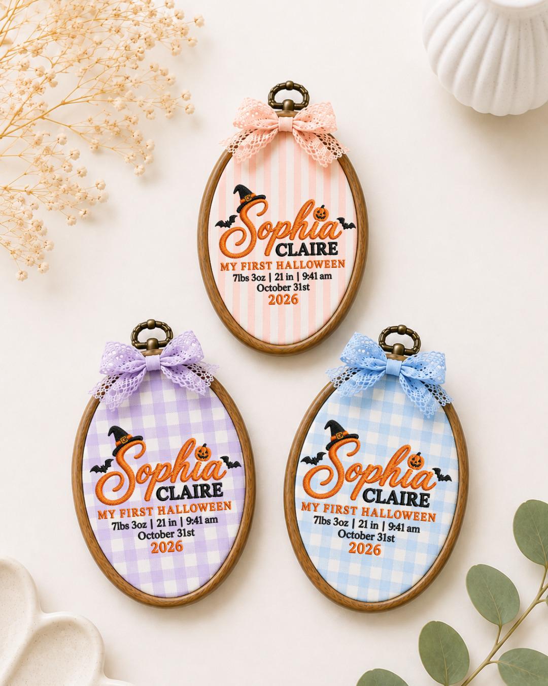 Personalized First Halloween Embroidered Ornament, Custom Baby Birth Stats Hoop, Baby Girl Halloween Gift, Pumpkin Keepsake