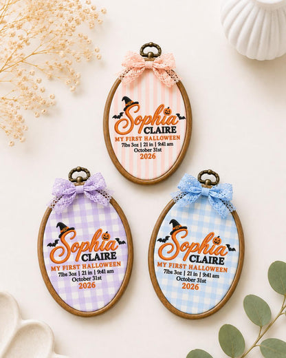 Personalized First Halloween Embroidered Ornament, Custom Baby Birth Stats Hoop, Baby Girl Halloween Gift, Pumpkin Keepsake