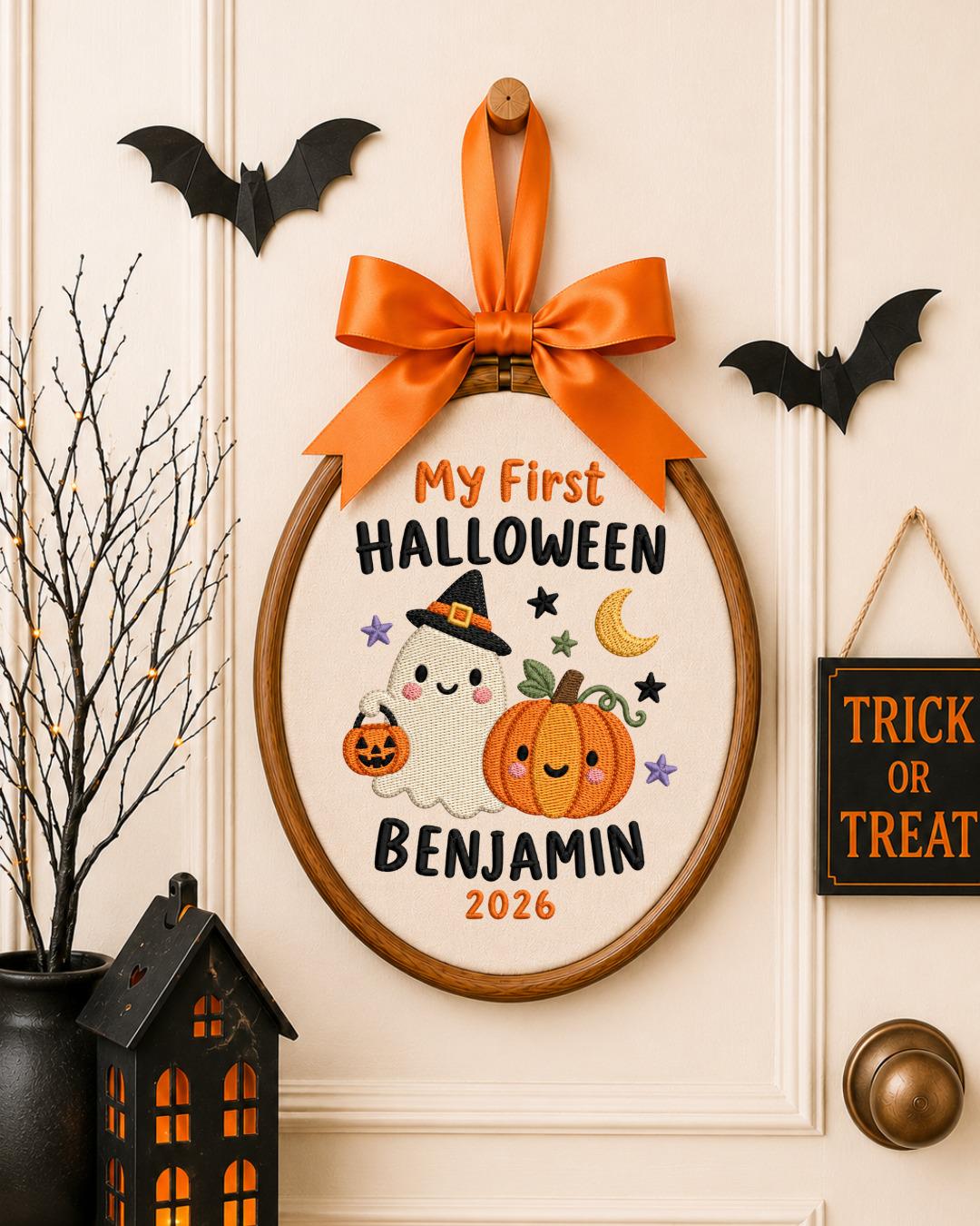 Personalized First Halloween Embroidered Ornament, Custom Baby Name Ghost Hoop, Pumpkin Halloween Keepsake, Baby Halloween Gift