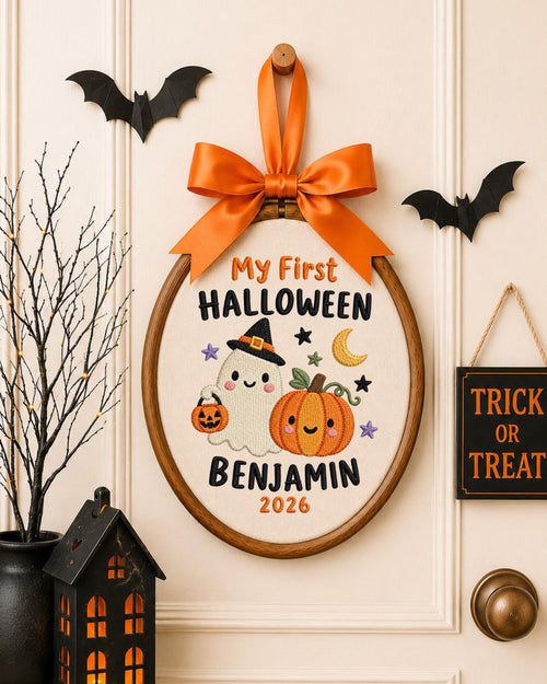 Personalized First Halloween Embroidered Ornament, Custom Baby Name Ghost Hoop, Pumpkin Halloween Keepsake, Baby Halloween Gift