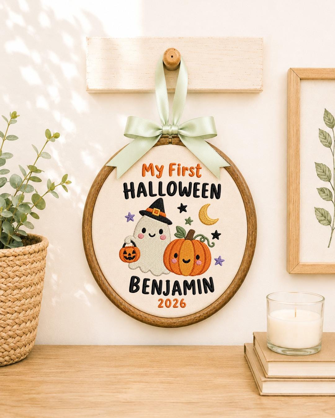Personalized First Halloween Embroidered Ornament, Custom Baby Name Ghost Hoop, Pumpkin Halloween Keepsake, Baby Halloween Gift