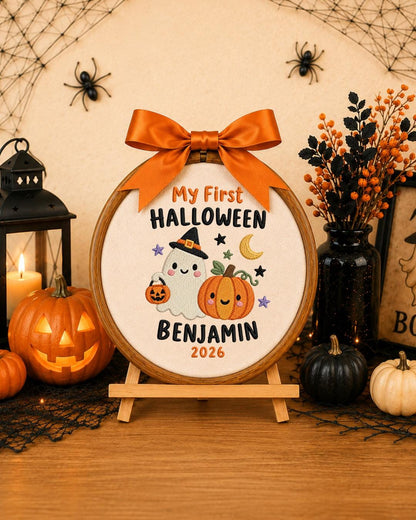 Personalized First Halloween Embroidered Ornament, Custom Baby Name Ghost Hoop, Pumpkin Halloween Keepsake, Baby Halloween Gift