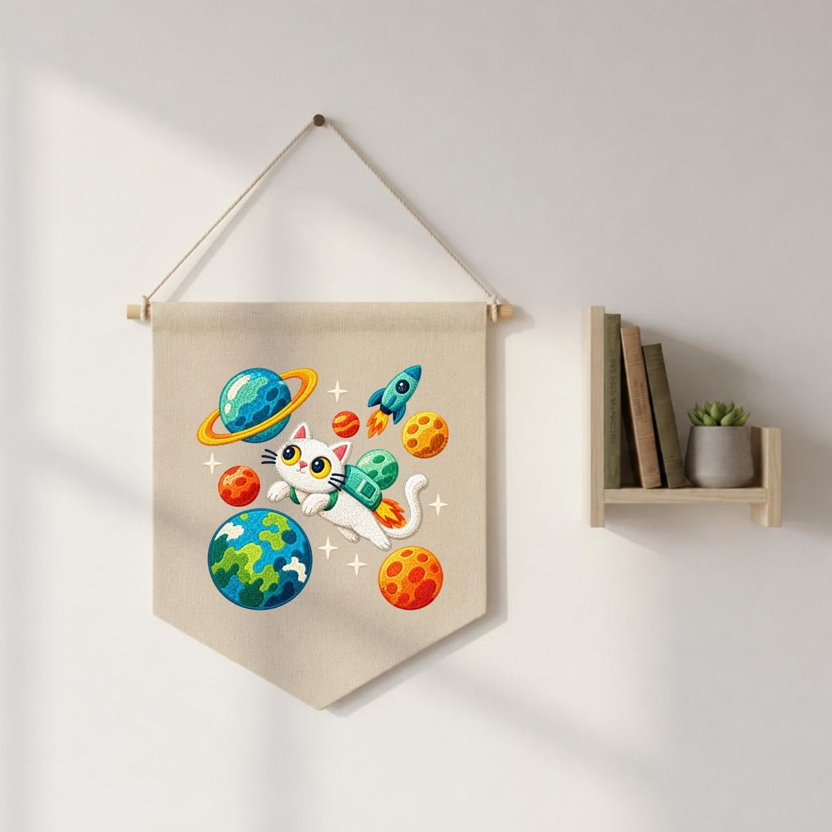 Embroidered Astronaut Cat Canvas Banner Decor, Outer Space Planets Rocket Solar System Nursery Wall Hanging Sign, Kids Room Boy Gift
