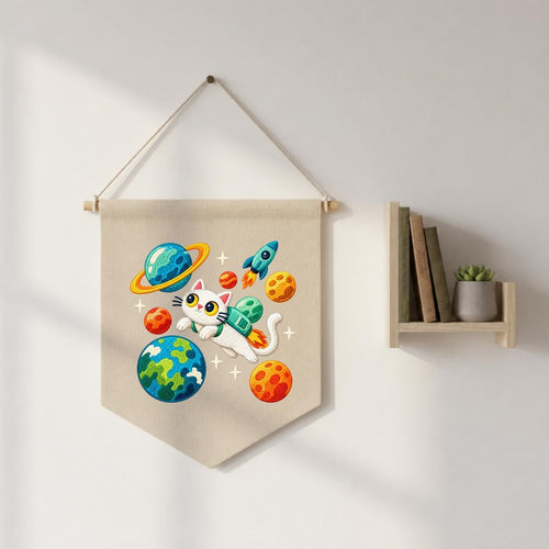Embroidered Astronaut Cat Canvas Banner Decor, Outer Space Planets Rocket Solar System Nursery Wall Hanging Sign, Kids Room Boy Gift