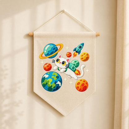 Embroidered Astronaut Cat Canvas Banner Decor, Outer Space Planets Rocket Solar System Nursery Wall Hanging Sign, Kids Room Boy Gift
