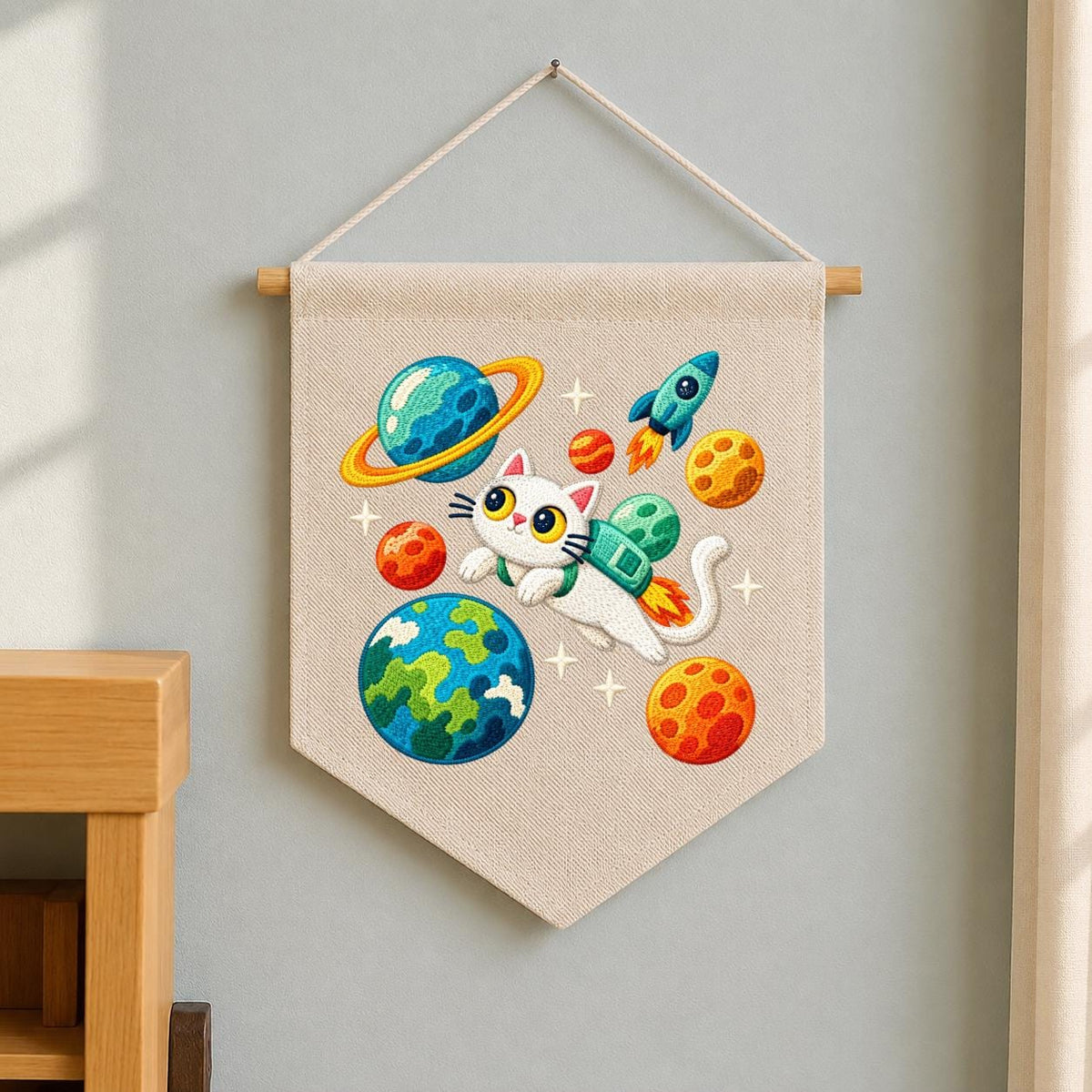 Embroidered Astronaut Cat Canvas Banner Decor, Outer Space Planets Rocket Solar System Nursery Wall Hanging Sign, Kids Room Boy Gift