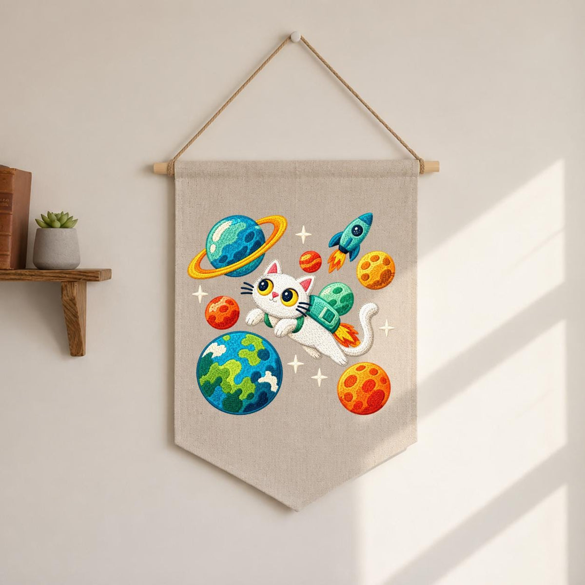 Embroidered Astronaut Cat Canvas Banner Decor, Outer Space Planets Rocket Solar System Nursery Wall Hanging Sign, Kids Room Boy Gift