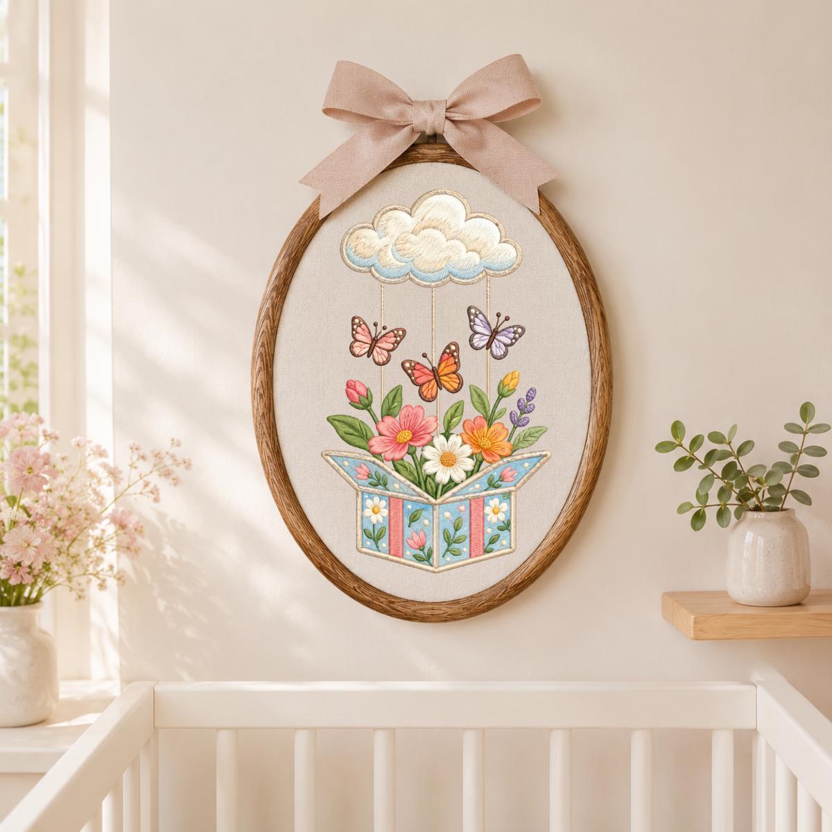 Embroidered Wildflower Box and Cloud Oval Hoop Decor, Sage Satin Bow Flying Butterflies Floral Spring Room Wall Hanging Sign Gift