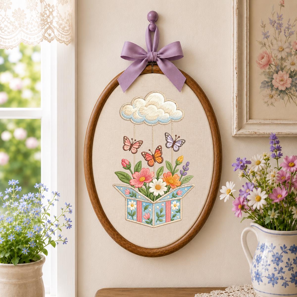 Embroidered Wildflower Box and Cloud Oval Hoop Decor, Sage Satin Bow Flying Butterflies Floral Spring Room Wall Hanging Sign Gift