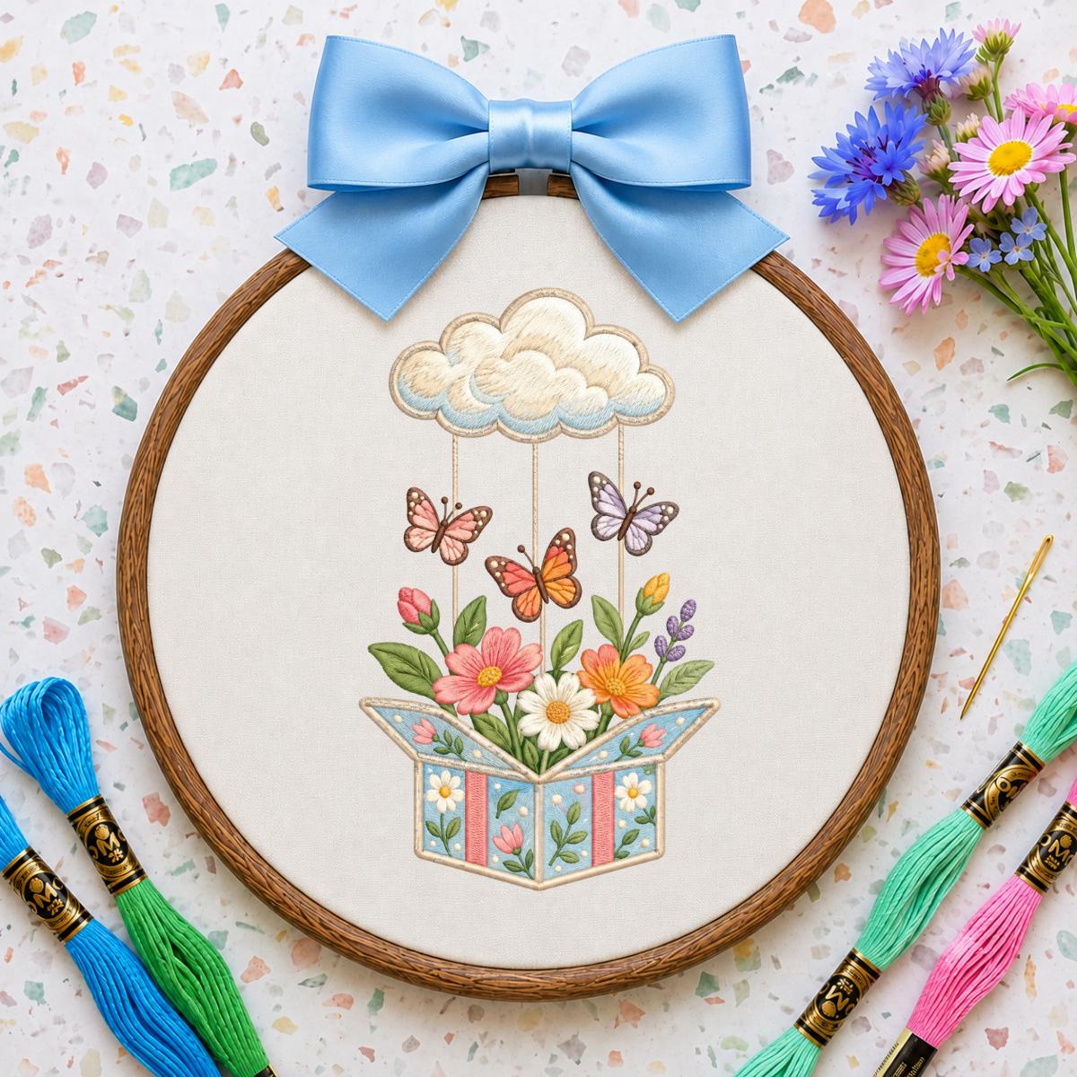Embroidered Wildflower Box and Cloud Oval Hoop Decor, Sage Satin Bow Flying Butterflies Floral Spring Room Wall Hanging Sign Gift