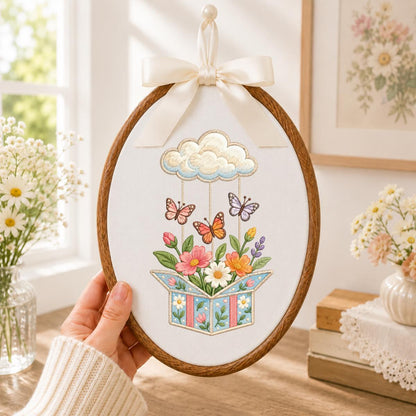 Embroidered Wildflower Box and Cloud Oval Hoop Decor, Sage Satin Bow Flying Butterflies Floral Spring Room Wall Hanging Sign Gift