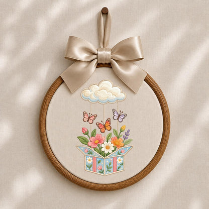 Embroidered Wildflower Box and Cloud Oval Hoop Decor, Sage Satin Bow Flying Butterflies Floral Spring Room Wall Hanging Sign Gift