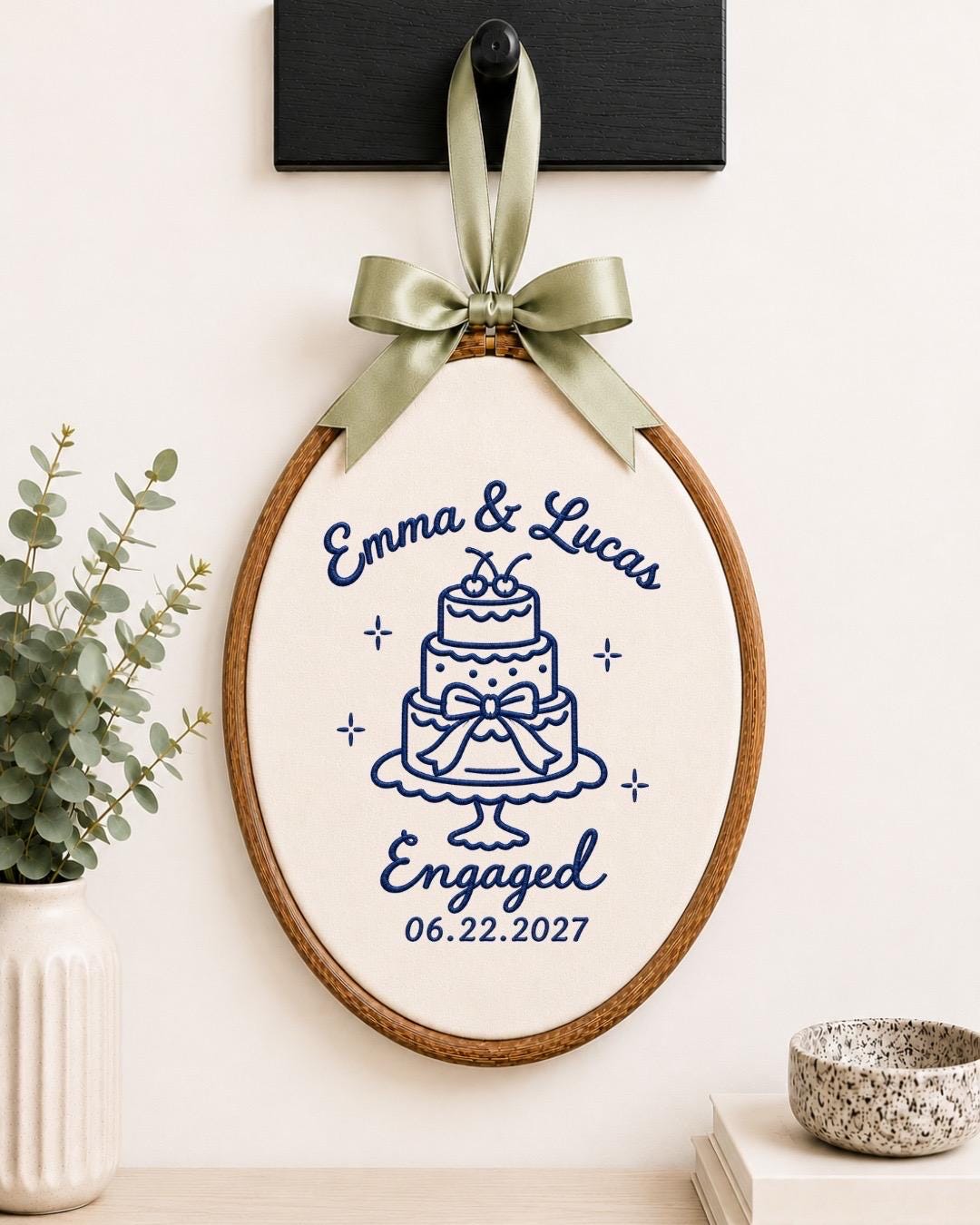 Personalized Engagement Embroidered Ornament, Custom Couple Names Engagement Keepsake, Wedding Cake Ornament, Engaged Couple Gift