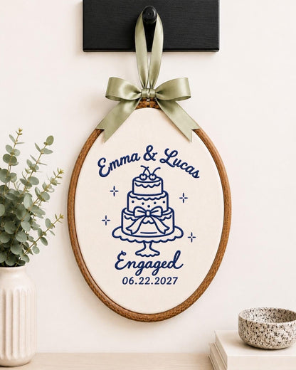 Personalized Engagement Embroidered Ornament, Custom Couple Names Engagement Keepsake, Wedding Cake Ornament, Engaged Couple Gift