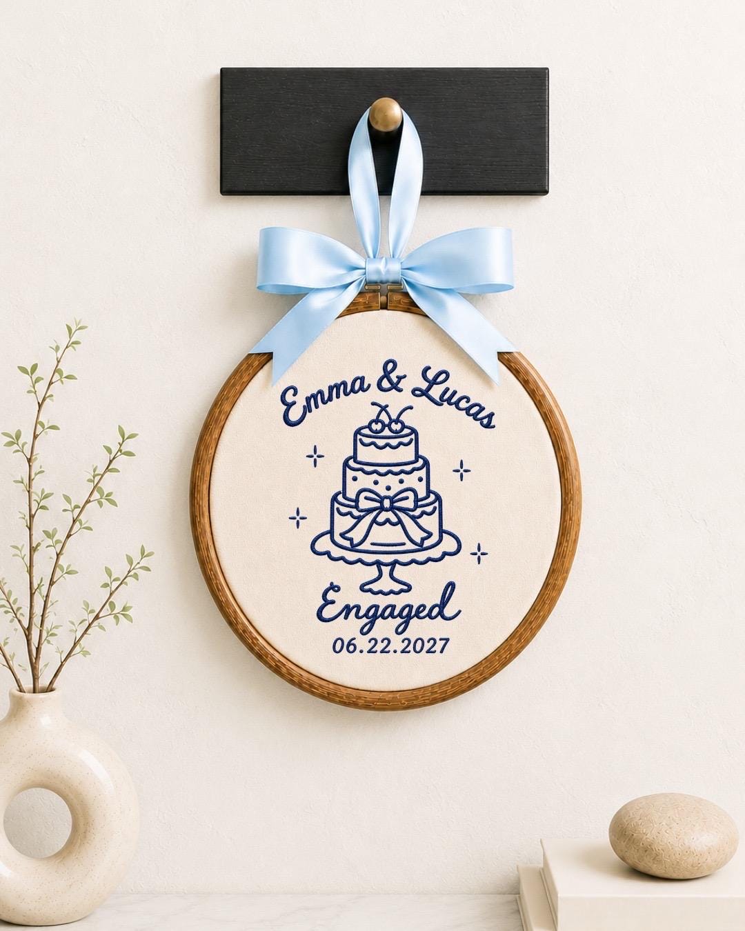 Personalized Engagement Embroidered Ornament, Custom Couple Names Engagement Keepsake, Wedding Cake Ornament, Engaged Couple Gift
