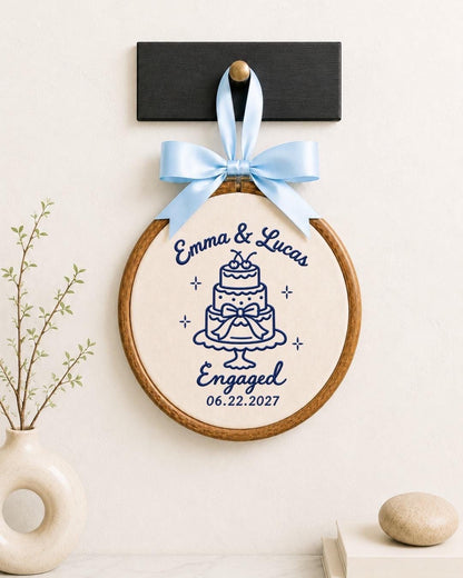 Personalized Engagement Embroidered Ornament, Custom Couple Names Engagement Keepsake, Wedding Cake Ornament, Engaged Couple Gift