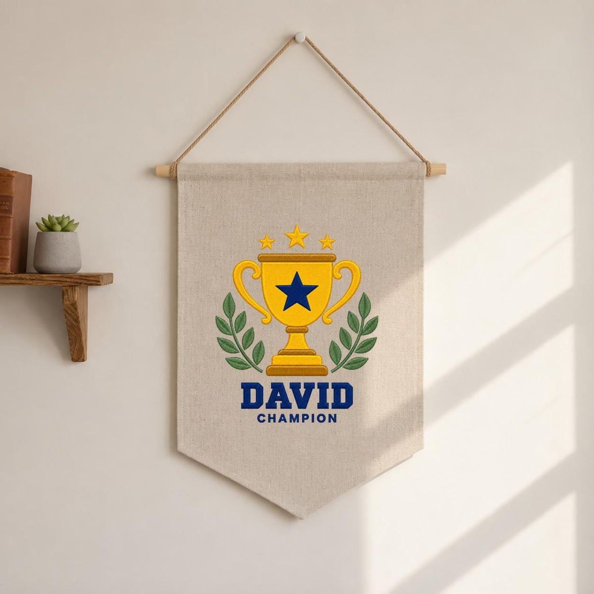 Personalized Trophy Canvas Pennant Banner, Custom Name David Embroidered Champion Sports Laurel Star Baby Boy Nursery Sign Decor