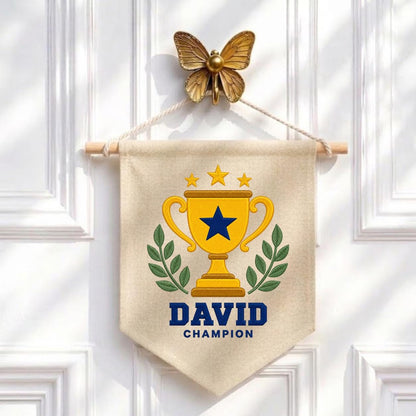 Personalized Trophy Canvas Pennant Banner, Custom Name David Embroidered Champion Sports Laurel Star Baby Boy Nursery Sign Decor