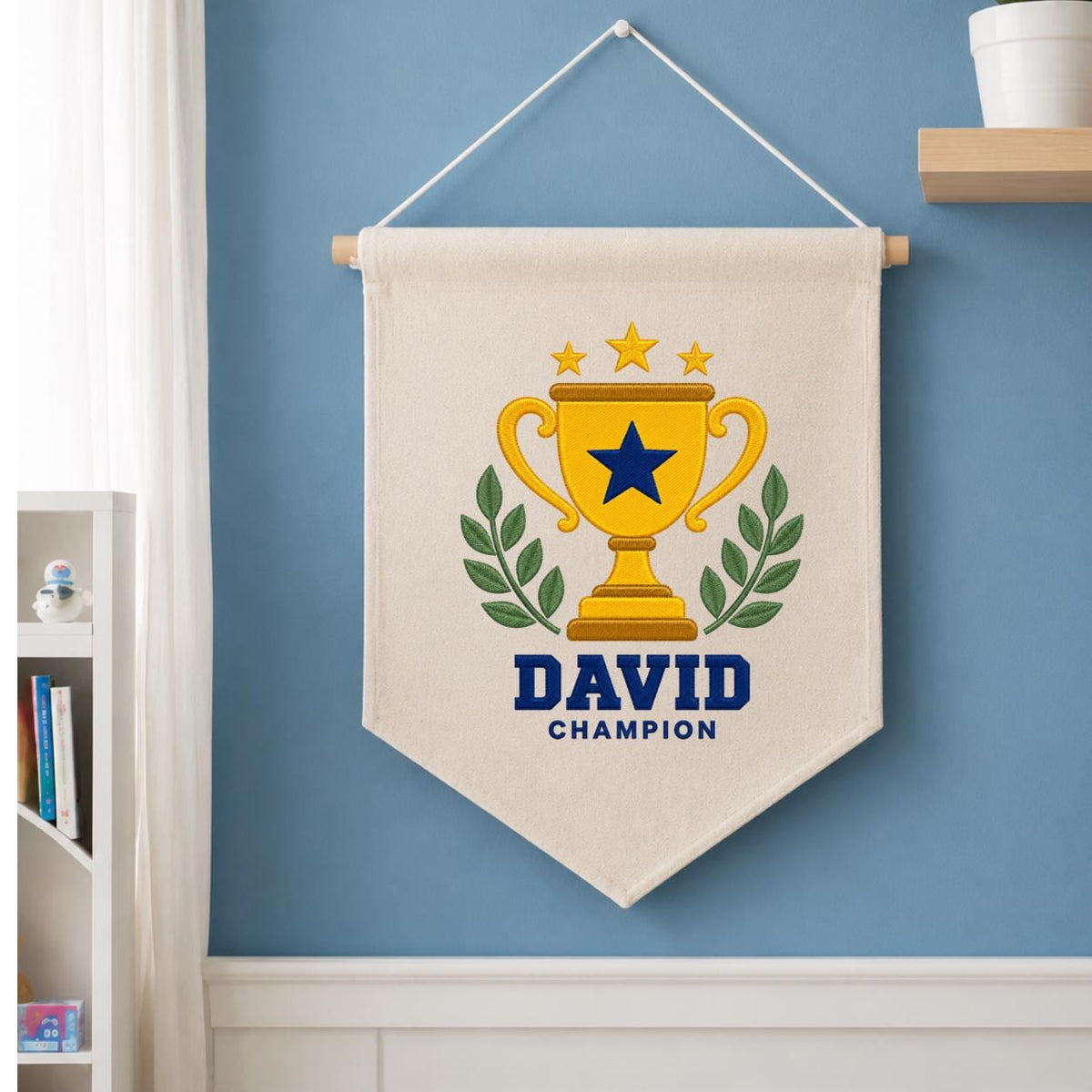 Personalized Trophy Canvas Pennant Banner, Custom Name David Embroidered Champion Sports Laurel Star Baby Boy Nursery Sign Decor
