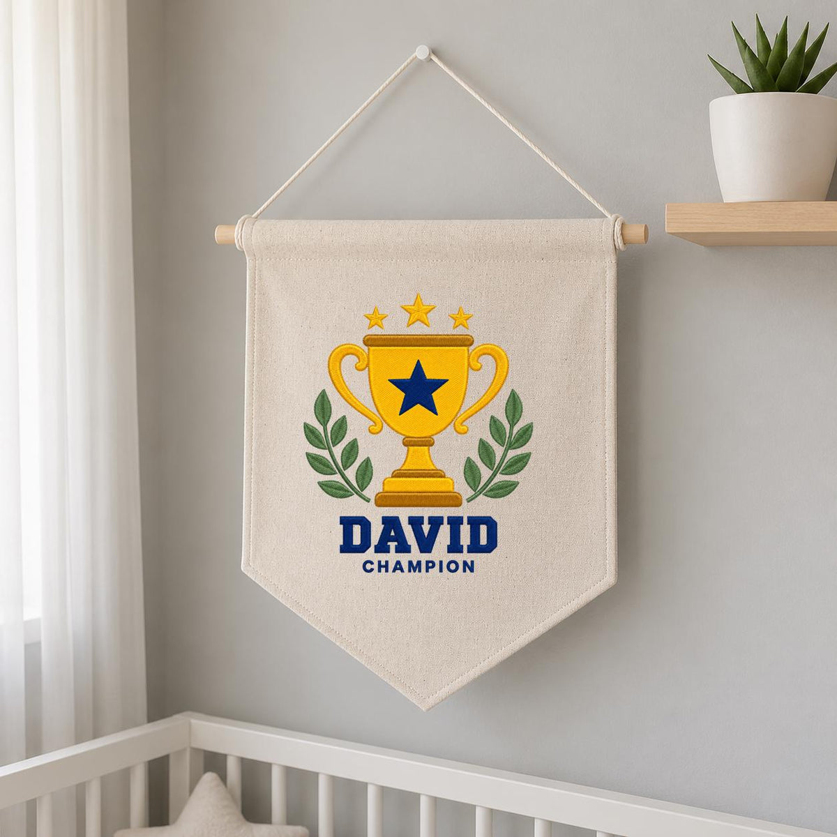 Personalized Trophy Canvas Pennant Banner, Custom Name David Embroidered Champion Sports Laurel Star Baby Boy Nursery Sign Decor