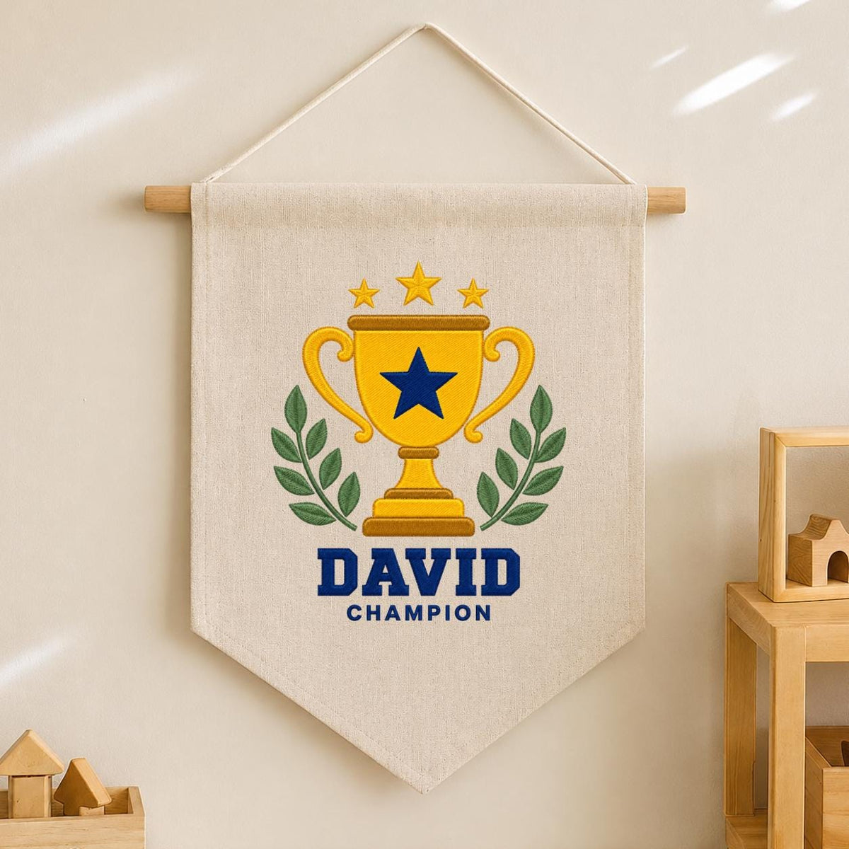 Personalized Trophy Canvas Pennant Banner, Custom Name David Embroidered Champion Sports Laurel Star Baby Boy Nursery Sign Decor
