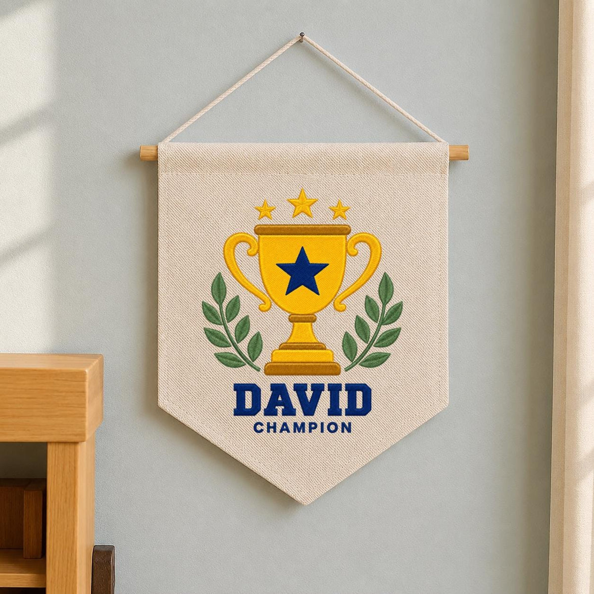 Personalized Trophy Canvas Pennant Banner, Custom Name David Embroidered Champion Sports Laurel Star Baby Boy Nursery Sign Decor
