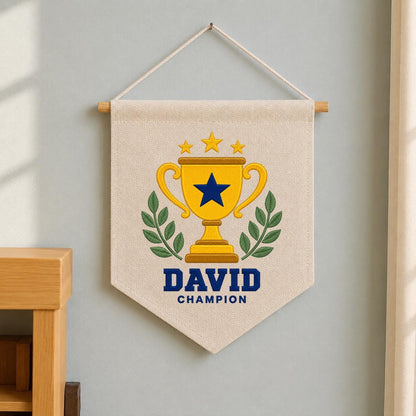 Personalized Trophy Canvas Pennant Banner, Custom Name David Embroidered Champion Sports Laurel Star Baby Boy Nursery Sign Decor