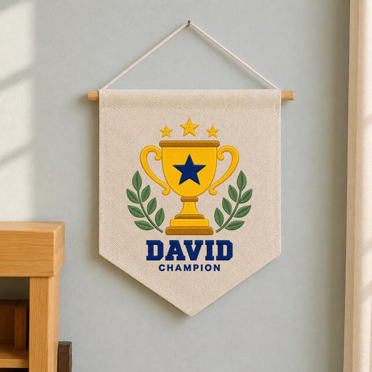 Personalized Trophy Canvas Pennant Banner, Custom Name David Embroidered Champion Sports Laurel Star Baby Boy Nursery Sign Decor