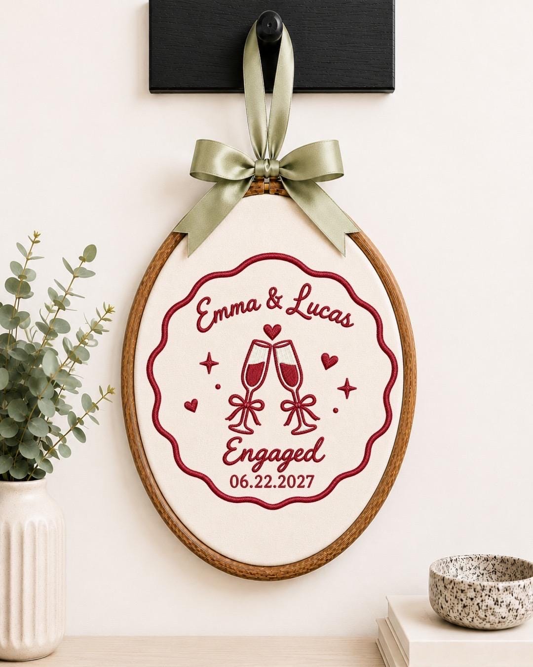 Personalized Engagement Embroidered Ornament, Custom Couple Name Gift, Champagne Toast Keepsake, Engaged Couple Ornament, Proposal Gift