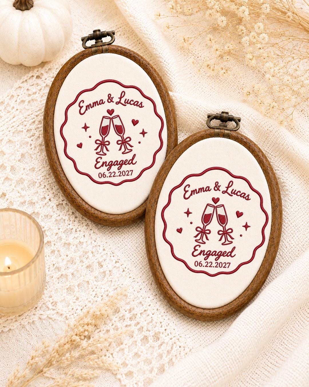Personalized Engagement Embroidered Ornament, Custom Couple Name Gift, Champagne Toast Keepsake, Engaged Couple Ornament, Proposal Gift