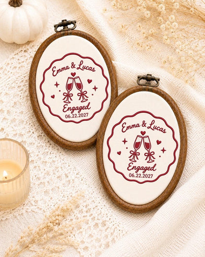 Personalized Engagement Embroidered Ornament, Custom Couple Name Gift, Champagne Toast Keepsake, Engaged Couple Ornament, Proposal Gift