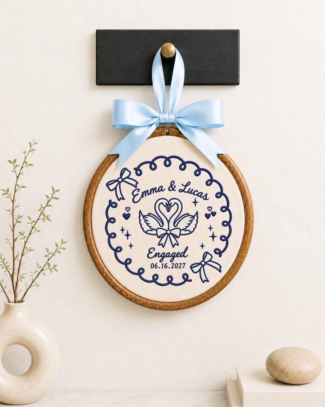 Personalized Engagement Embroidered Ornament, Custom Couple Name Keepsake, Swan Engagement Gift, Engaged Couple Ornament, Proposal Gift