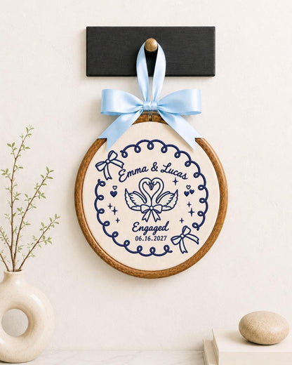 Personalized Engagement Embroidered Ornament, Custom Couple Name Keepsake, Swan Engagement Gift, Engaged Couple Ornament, Proposal Gift