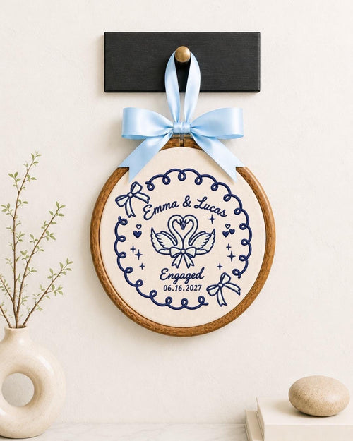 Personalized Engagement Embroidered Ornament, Custom Couple Name Keepsake, Swan Engagement Gift, Engaged Couple Ornament, Proposal Gift