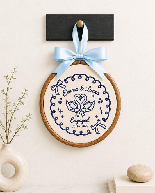 Personalized Engagement Embroidered Ornament, Custom Couple Name Keepsake, Swan Engagement Gift, Engaged Couple Ornament, Proposal Gift