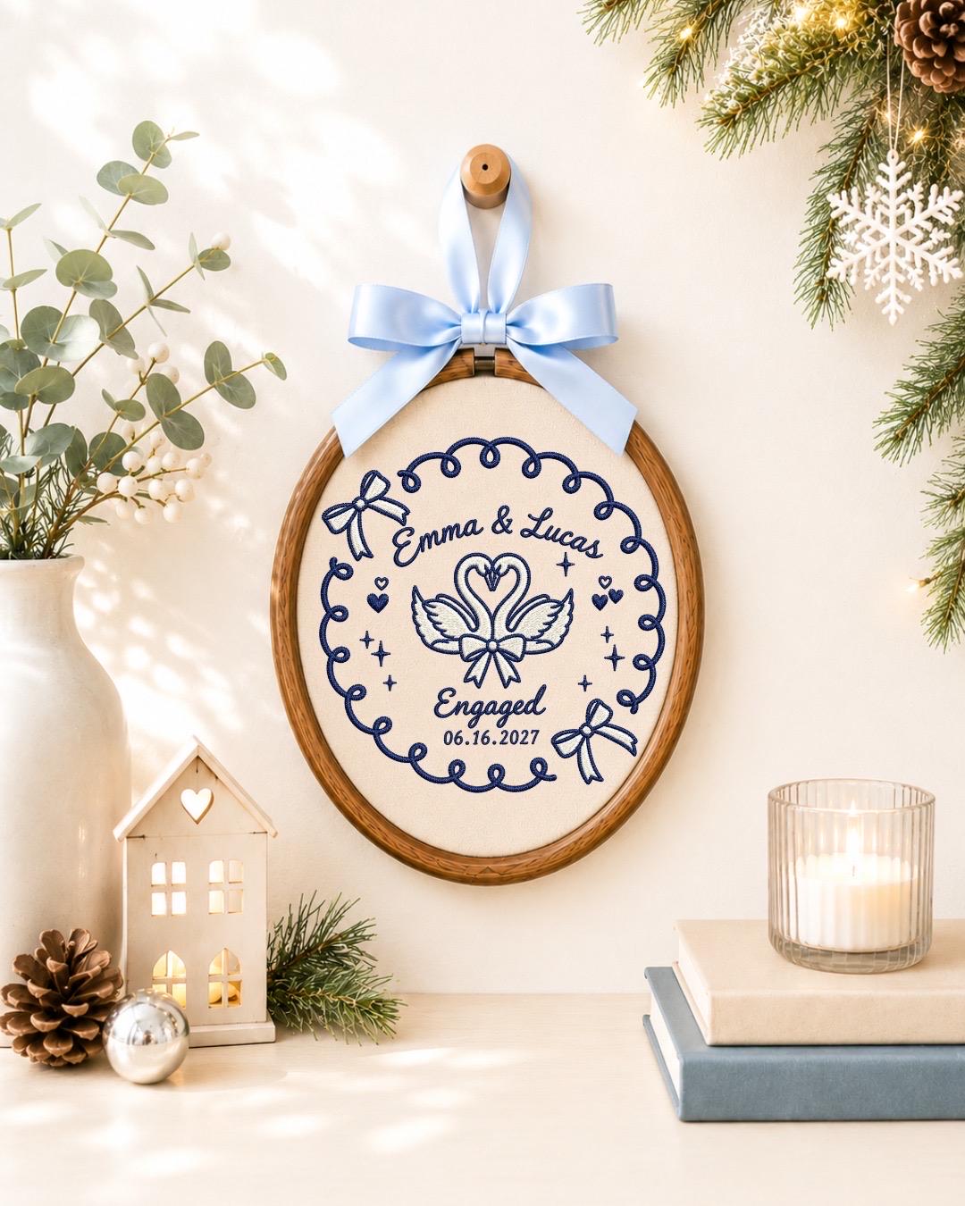 Personalized Engagement Embroidered Ornament, Custom Couple Name Keepsake, Swan Engagement Gift, Engaged Couple Ornament, Proposal Gift