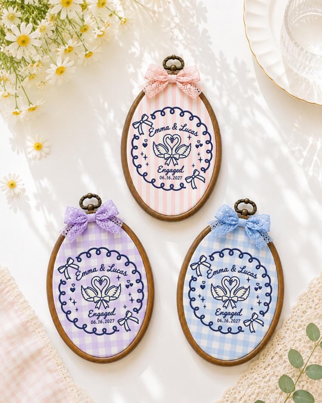 Personalized Engagement Embroidered Ornament, Custom Couple Name Keepsake, Swan Engagement Gift, Engaged Couple Ornament, Proposal Gift
