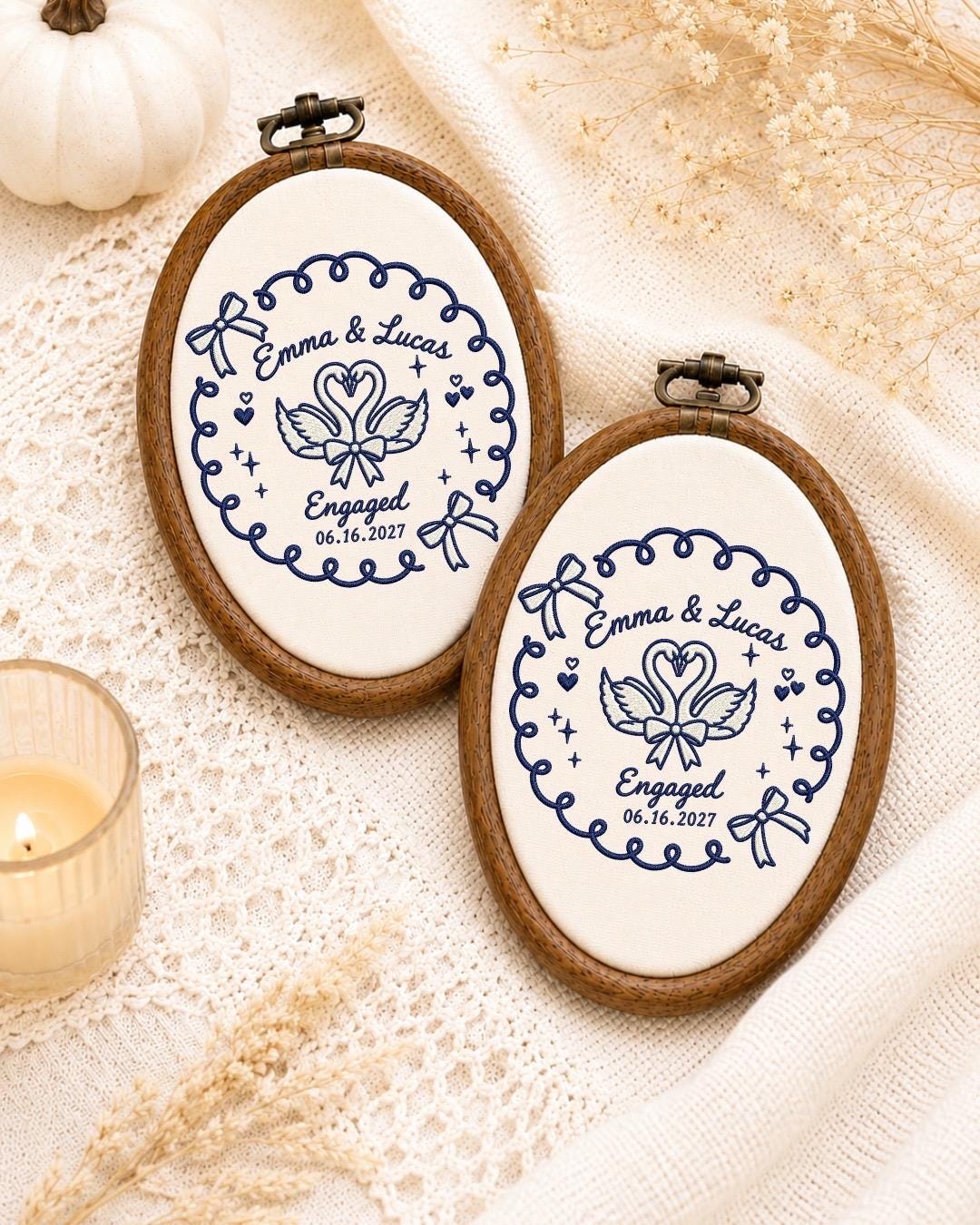 Personalized Engagement Embroidered Ornament, Custom Couple Name Keepsake, Swan Engagement Gift, Engaged Couple Ornament, Proposal Gift