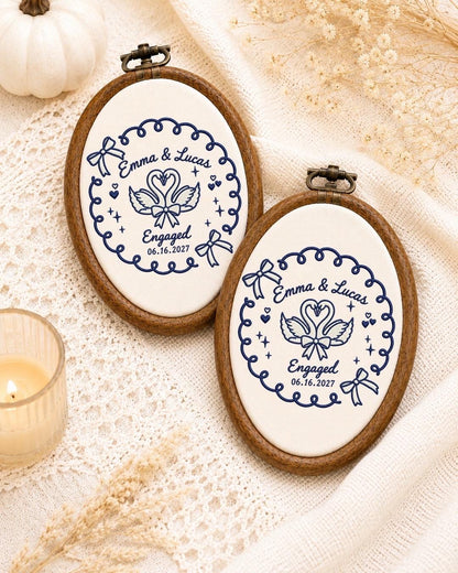 Personalized Engagement Embroidered Ornament, Custom Couple Name Keepsake, Swan Engagement Gift, Engaged Couple Ornament, Proposal Gift
