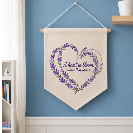 Lavender Heart Canvas Pennant Banner, Embroidered Floral Heart Quote Wall Hanging Art, Cottagecore Botanical Love Sign Keepsake Gift