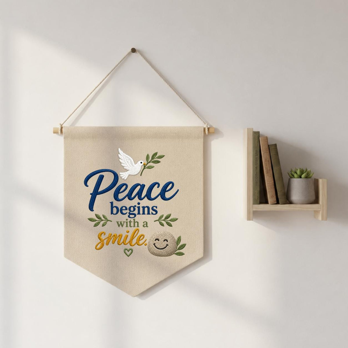 Embroidered Peace Dove Canvas Pennant Banner Decor, Peace Begins with a Smile Sign, Olive Branch Positive Quote Classroom Office Gift