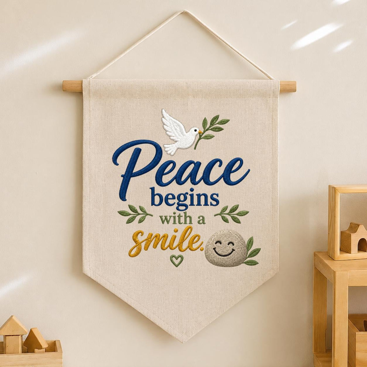 Embroidered Peace Dove Canvas Pennant Banner Decor, Peace Begins with a Smile Sign, Olive Branch Positive Quote Classroom Office Gift