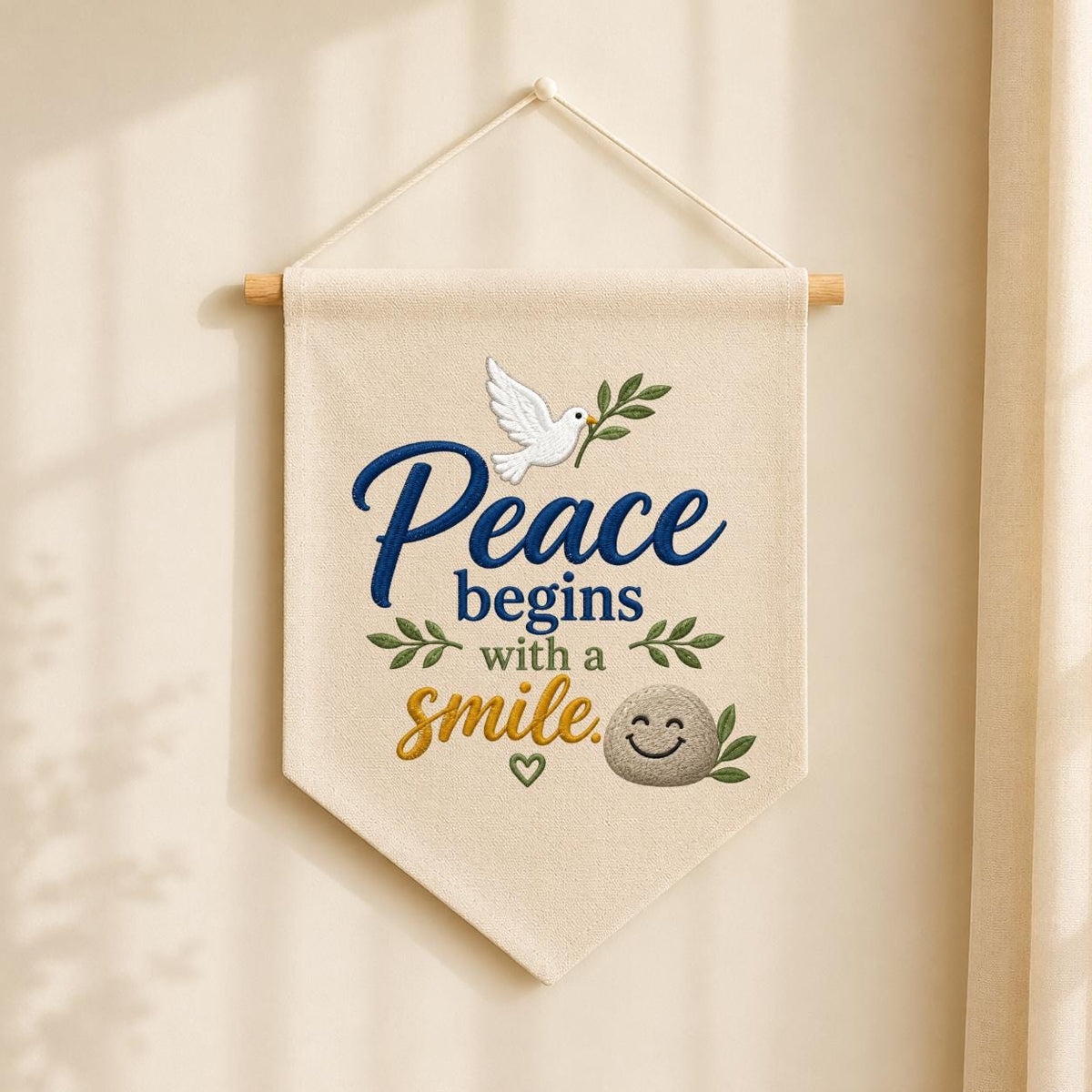 Peace Begins with a Smile Embroidered Banner Decor, Cute Dove Olive Branch Smiling Rock Sign, Whimsical Inspirational Wall Hanging Gift