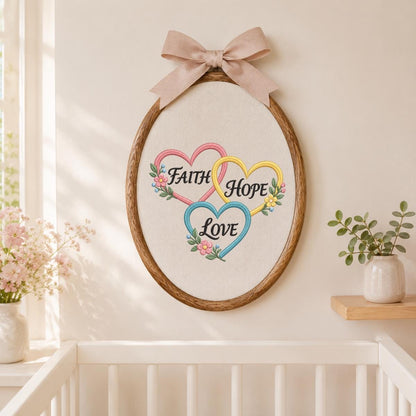 Embroidered Faith Hope Love Oval Hoop Decor, Pastel Hearts Floral Botanical Christian Scripture Wall Art, Baptism Housewarming Gift